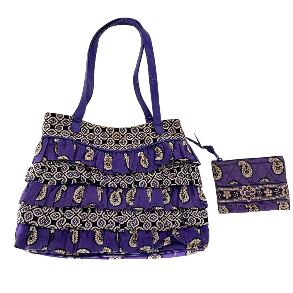 Vera Bradley Purple Paisley Ruffled Handbag Quilted Shoulder Tote Wallet Set - Picture 1 of 10